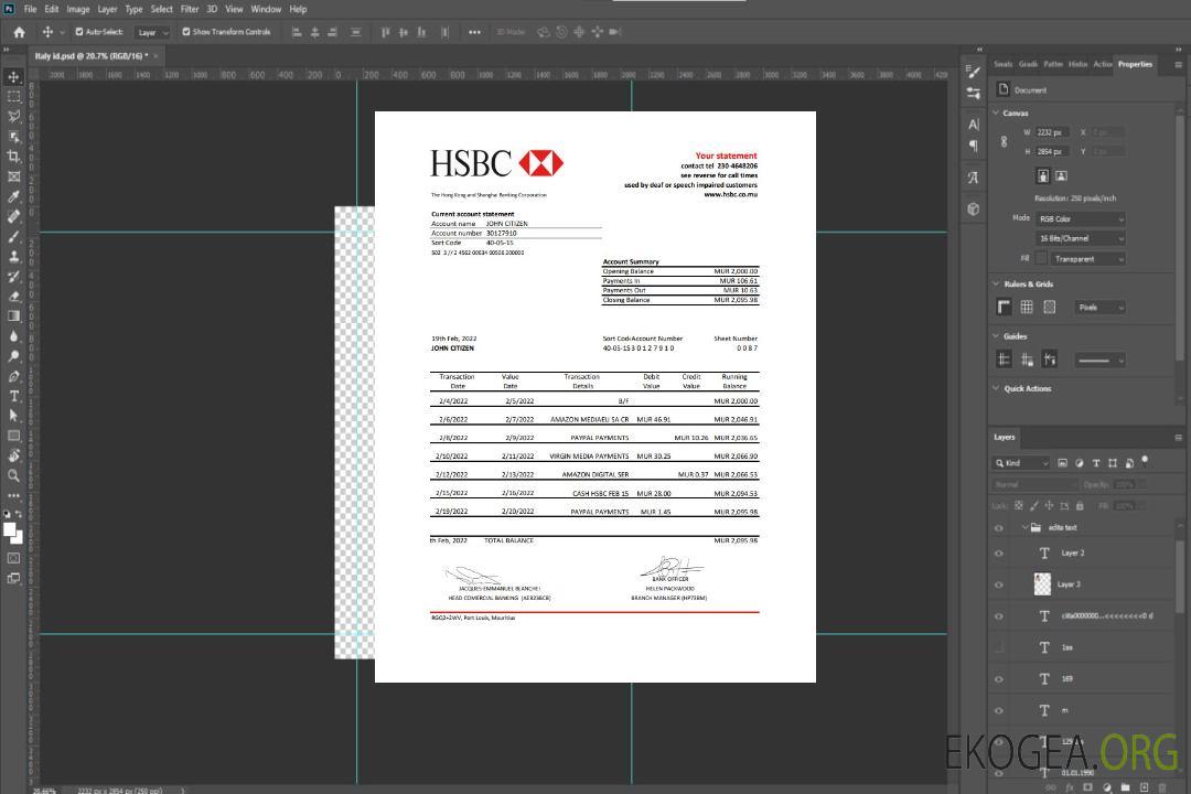 Relevé bancaire HSBC de Maurice template